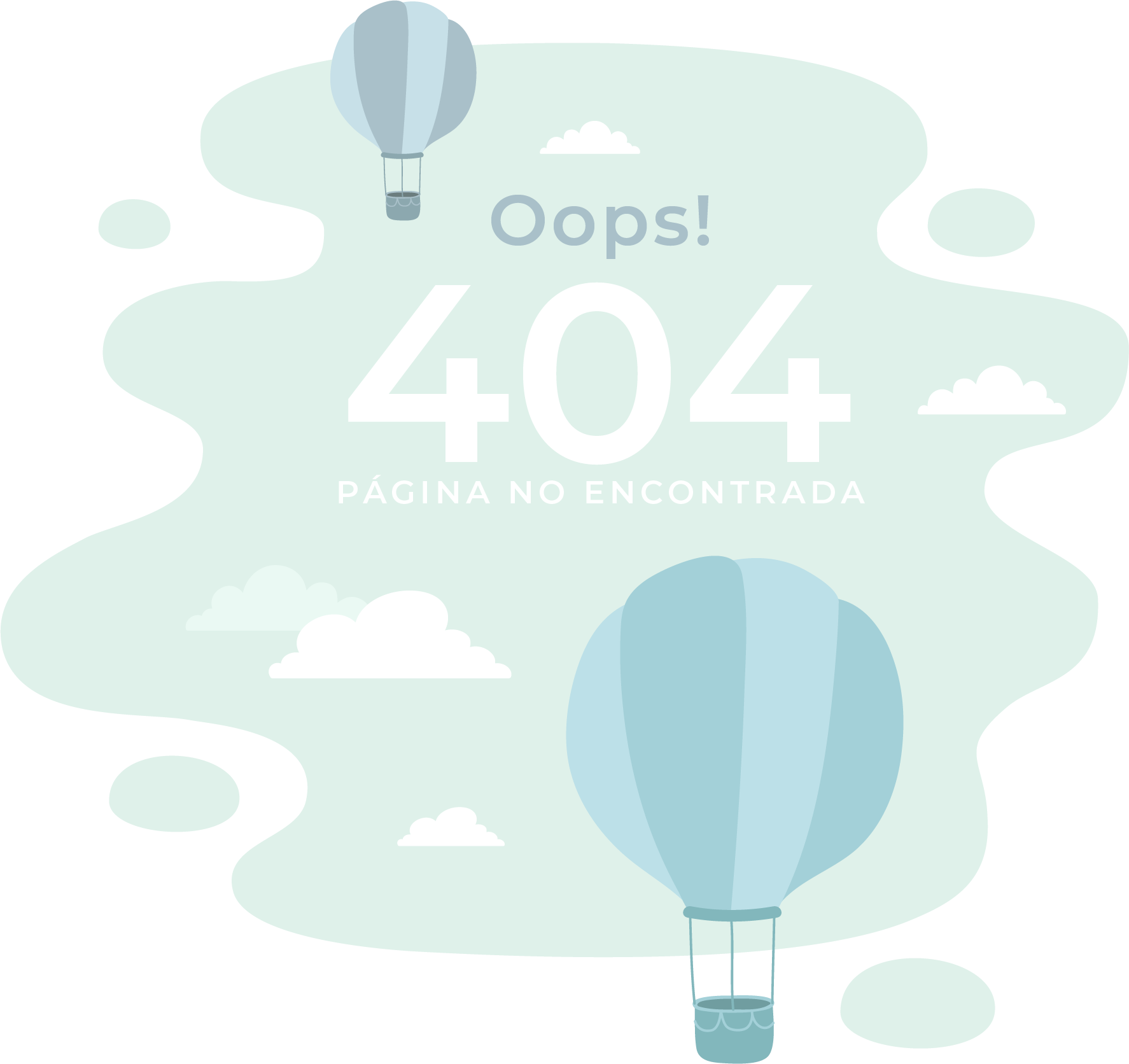 ilustración del cielo con globos, con el texto de "error 404, página no encontrada"